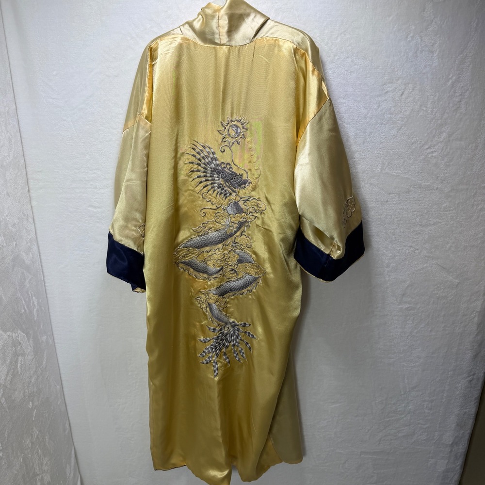 Navy Blue Gold Dragon Embroidered Satin Kimono Robe Asian Motif Reversible - Picture 10 of 15